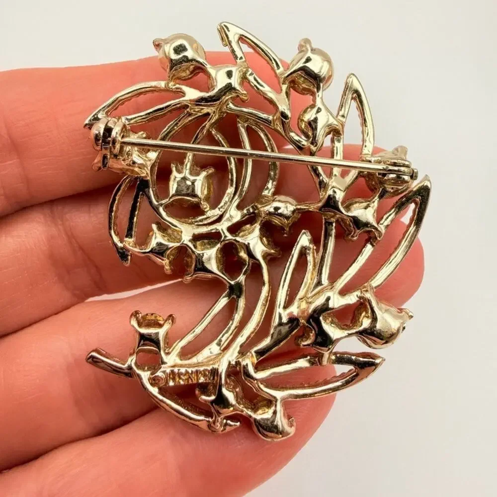 Vtg Signed Lisner MCM Brooch Floral Branch Brown Crystal Rhinestone Gold Tone